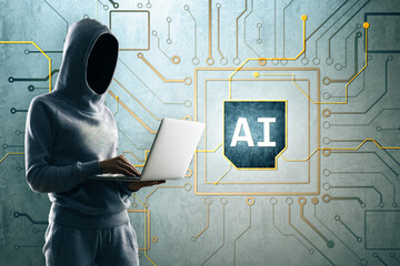 Anonymous hooded person using laptop with AI text and circuit background representing artificial intelligence and cybersecurity concept.
