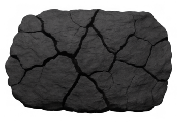 Dark cracked earth texture with dry brittle soil and rough fractured stone surface, transparent background