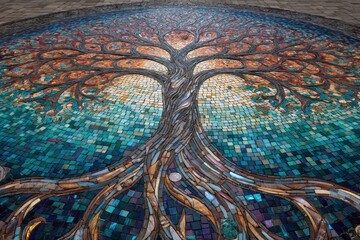 Mosaic art of a tree design with colorful patterns in an outdoor setting during daylight