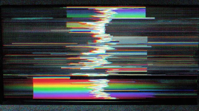 Colorful patterns and lines appear on a screen showing digital data display