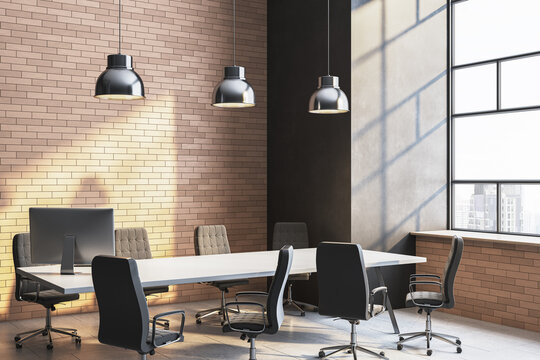 Modern corporate meeting room with sunlight casting shadows through large windows onto brick and concrete walls in an empty workspace setting. 3D Rendering
