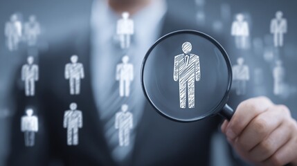 Focused on the right candidate! Magnifying glass highlights a person icon, amidst many others. Represents recruitment, HR, talent search. Selection and choice.