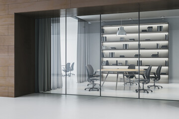 Modern corporate meeting room with glass walls, wooden table, and shelves in stylish interior workspace setting. 3D Rendering