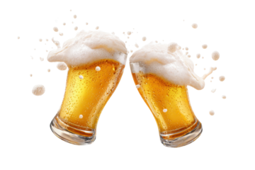 Cheers with two glasses of beer clinking together with foam splashing at a celebration or gathering in a bright setting