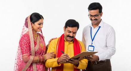 A traditionally dressed Indian couple stands with a government officer as the husband signs documents on a clipboard