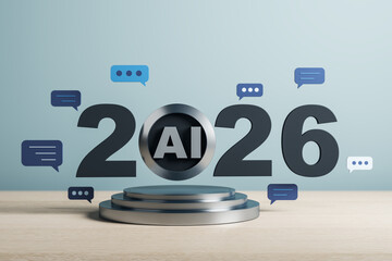 2026 artificial intelligence concept with AI icon and speech bubbles on futuristic podium over light background in modern digital tech theme. 3D Rendering