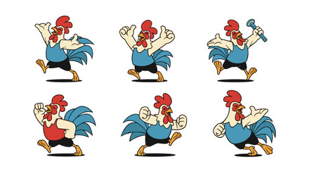 Fototapeta premium Cartoon Rooster Character Set With Various Poses And Actions.