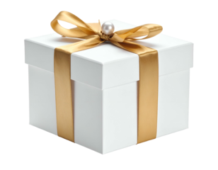 A pristine white square box adorned with a shimmering gold ribbon and pearl