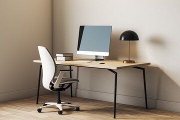 Fototapeta premium Minimalist modern home office with wooden desk, computer, stylish chair, and lamp in a bright interior workspace corner. 3D Rendering. 3D Rendering