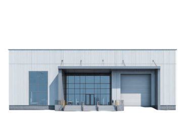Modern industrial building with large glass entrance and loading dock during daylight hours