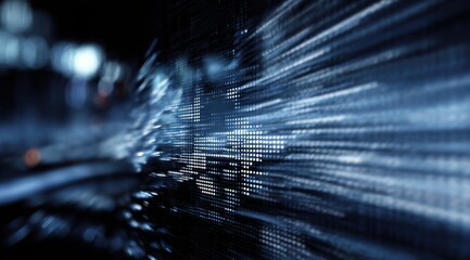 Abstract digital light streaks moving across a dark pixelated surface.