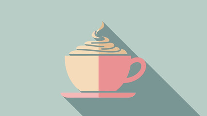 Flat Design Coffee Cup with Whipped Cream and Long Shadow, Minimalist Vector Illustration