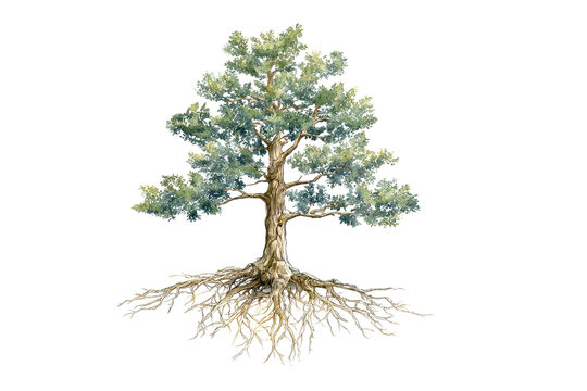 Illustration showing a tree with visible roots and leaves in a simple design set against a white background