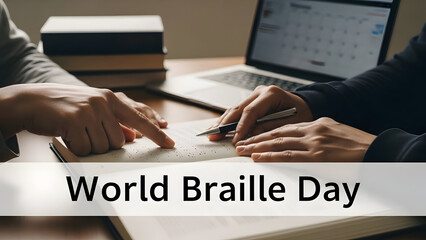 Hands interacting with braille and a laptop symbolizing accessibility and inclusive technology