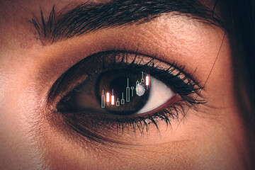 Closeup of female eye reflecting forex candlestick chart, symbolizing financial analysis, trading insight, and digital investment vision.