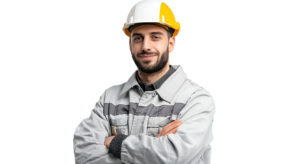 Construction worker in safety gear stands with arms crossed at a work site during daytime
