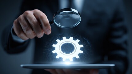 Detail-oriented professional meticulously examining a gear icon on a tablet with a magnifying glass, symbolizing analysis, precision, and technical expertise. Streamlined.