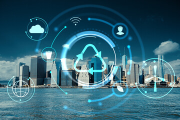 Sustainable technology concept overlay on modern city skyline with circular digital eco icons and light futuristic style on city background.