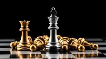 Close-up of a chessboard with a silver queen and a gold king surrounded by fallen gold pieces on a black background with a dramatic mood.
