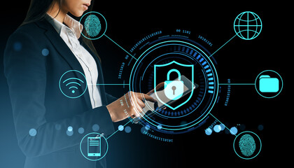 Businesswoman using smart device with digital shield lock symbol and cybersecurity icons on abstract black background representing data protection.