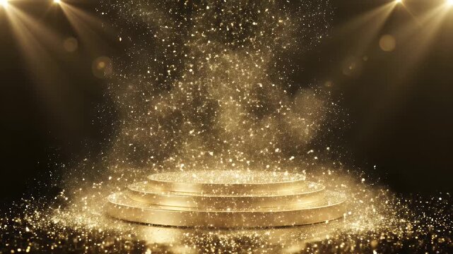 Golden Award Platform with Glittering Particles - This video features a gold three-tiered platform bathed in spotlights, surrounded by a cascade of sparkling gold particles.
