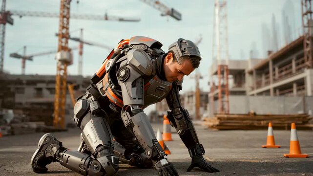 Worker wearing powered exoskeleton kneeling on concrete ground at active construction site with cranes behind