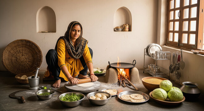 A young Indian woman prepares fresh rotis in a rustic village kitchen, surrounded by vegetables and utensils as a wood-fired chulha burns beside her.