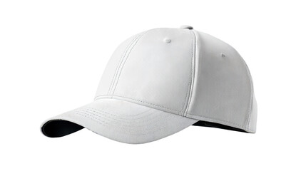 White cap on a plain background with a curved visor and stitching details