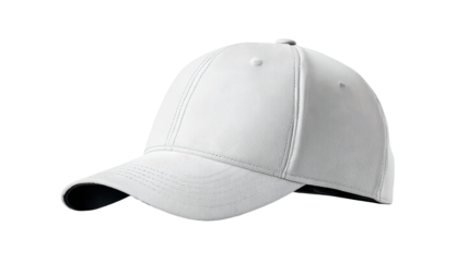 White cap on a plain background with a curved visor and stitching details