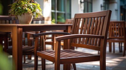 Fototapeta premium Outdoor furniture in warm wood tones sits on a patio bathed in sunlight, creating an inviting space for relaxation and socializing. The scene exudes comfort and style.