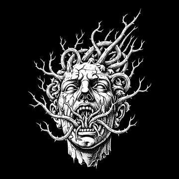 Horrifying Head Sculpture with Thorny Vines Emerging from Mouth and Eyes.