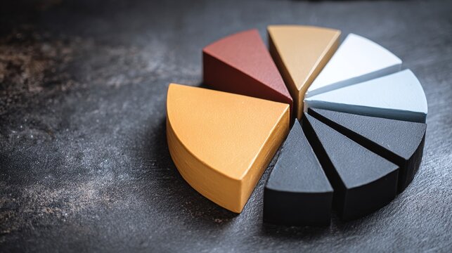 Colorful pie chart on a textured surface, illustrating data analysis. Slices in shades of brown, yellow, white, blue, and black. A visual representation of segments and shares.