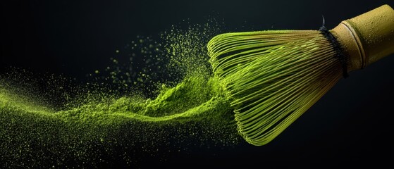 The Matcha Whisk Releasing Vibrant Green Powder in Dynamic Motion