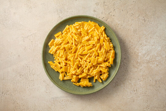 A top down view of a plate of dairy-free, gluten-free mac n cheese.