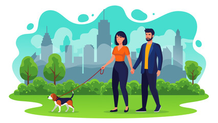 Couple Walking Dog in a Park with Cityscape Background