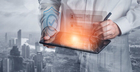 A professional interacts with a technology tablet featuring data security elements in a dynamic urban environment, illustrating the convergence of innovation and cybersecurity. Gantry