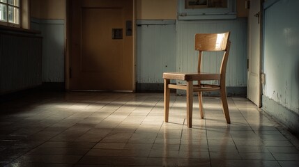 A lone wooden chair bathed in sunlight stands in an empty room with weathered walls and tiled floor, evoking a sense of quiet contemplation and solitude.