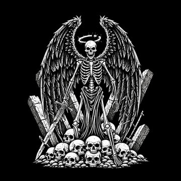 Grim Angel Skeleton Warrior with Wings and Halo Standing on Skulls.