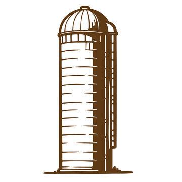 Vintage sketch illustration of a brown farm silo structure on a white background