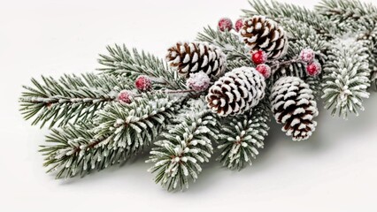 Elegant Frozen Pine Branch With Snowy Textures On White Backdrop For Holiday Design