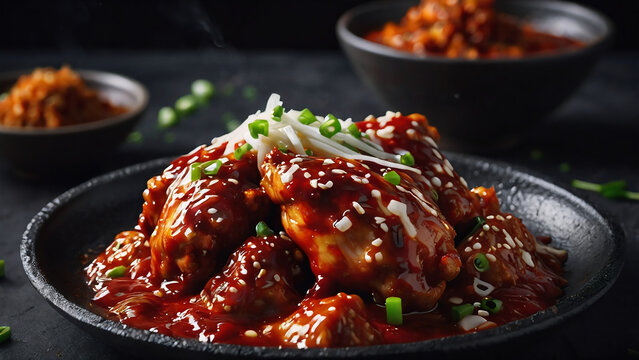 &ldquo;Spicy Korean buldak (fire chicken) served sizzling on a dark plate, featuring tender chicken pieces coated in thick, glossy red buldak sauce made with gochujang and chili paste. 