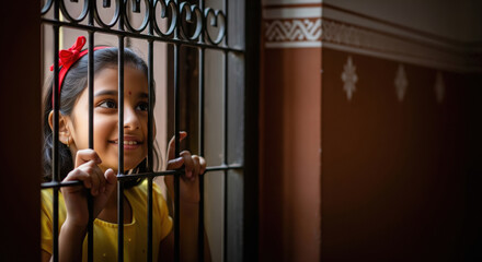 A joyful young Indian girl in a yellow dress and red headband smiles while peeking through a window grill