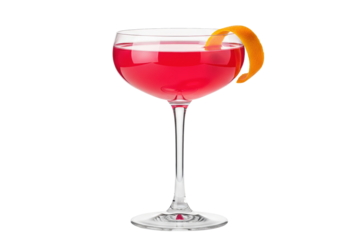 pink cocktail in a coupe glass with an orange peel garnish isolated