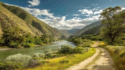 Fototapeta premium Scenic river valley with lush vegetation and a winding dirt road. Majestic hills provide a dramatic backdrop under a sky dotted with fluffy clouds. Serene nature scenery.