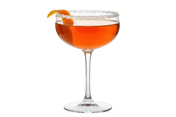 sidecar cocktail in a coupe glass with a sugar rim and orange twist isolated