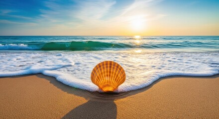 Obraz premium Majestic Scallop Shell on Golden Sand Greeted by Gentle Wave during Stunning Sunset – Exclusive Tropical Resort Getaway.
