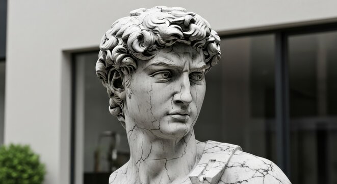 Iconic David Statue Head Rendered in Cracked Marble Texture, Contrasting Classical Art with Modern Architecture and Timeless Design.