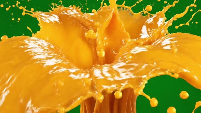 Orange juice splash burst exploding outward thick vibrant orange liquid high speed slow motion detailed droplets clean green screen background,