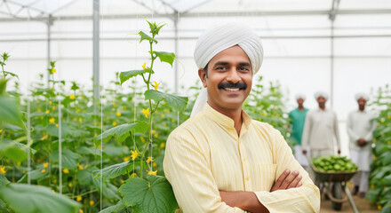 A confident Indian farmer in a modern greenhouse stands smiling with arms crossed beside tall cucumber vines while workers harvest fresh produce in the background