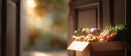 The box of fresh vegetables on a sunlit doorstep at golden hour
